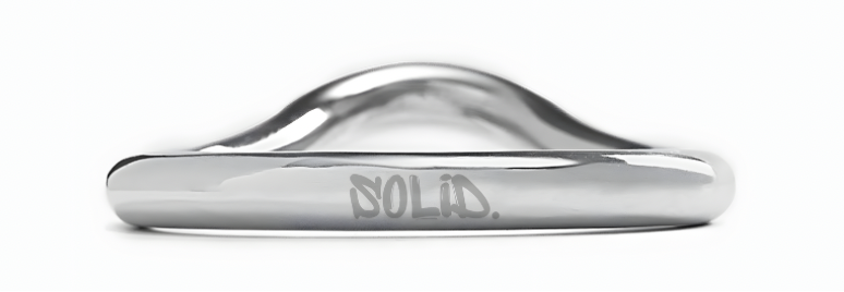 SOLID. Metalwear - ergonomic stainless steel cock ring - front view showing 304 stainless steel finish and laser engraved logo.